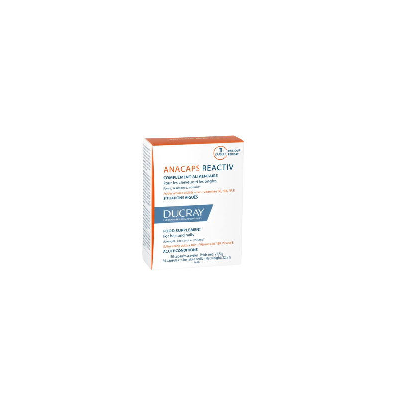Ducray Anacaps Reactiv Complément Alimentaire 30 Gélules, boite carton blanche avec bande orange
