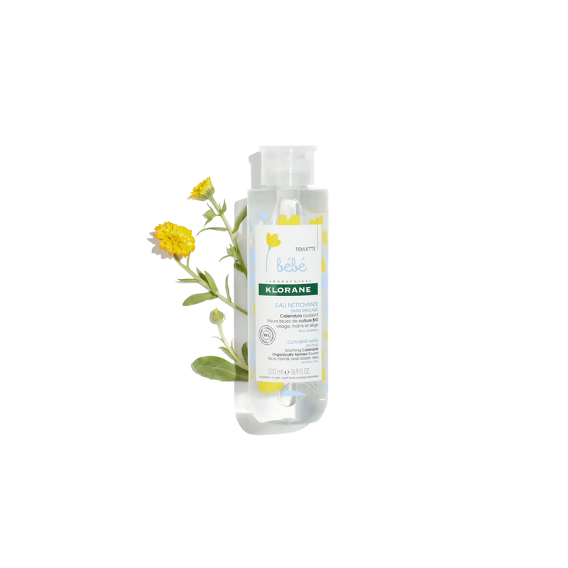 Klorane Bébé Eau Nettoyante au Calendula 500ml flacon transparent avec bouchon facile