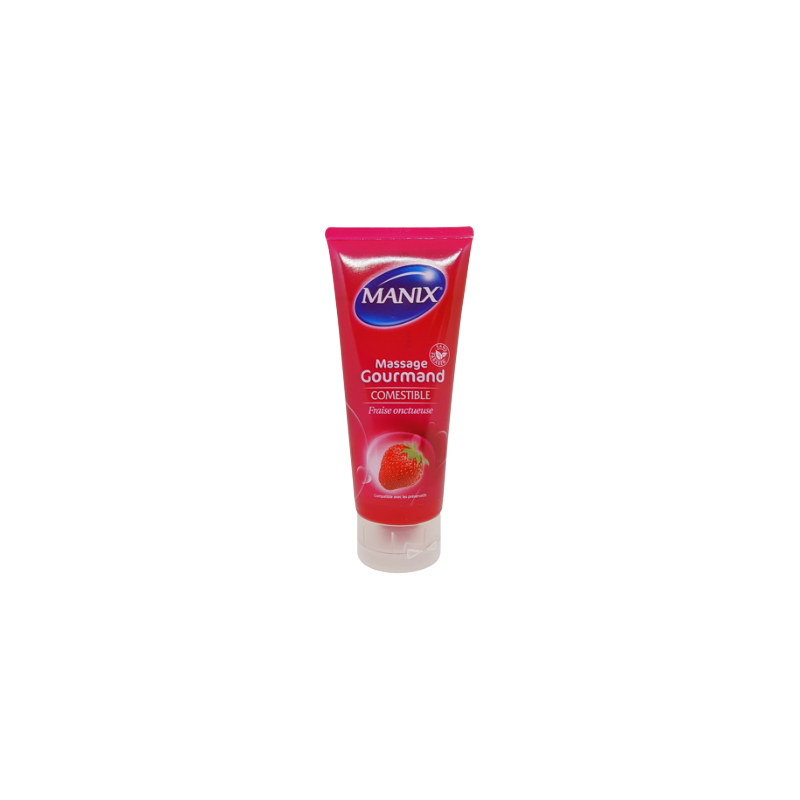Manix Gel Massage Gourmand Fraise Comestible 200ml tube rose avec bouchon clips