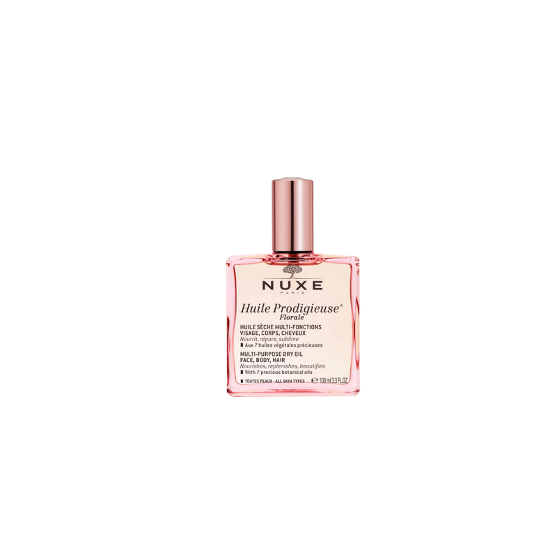 Nuxe Huile Prodigieuse Florale 100ml flacon rose transparent avec bouchon doré