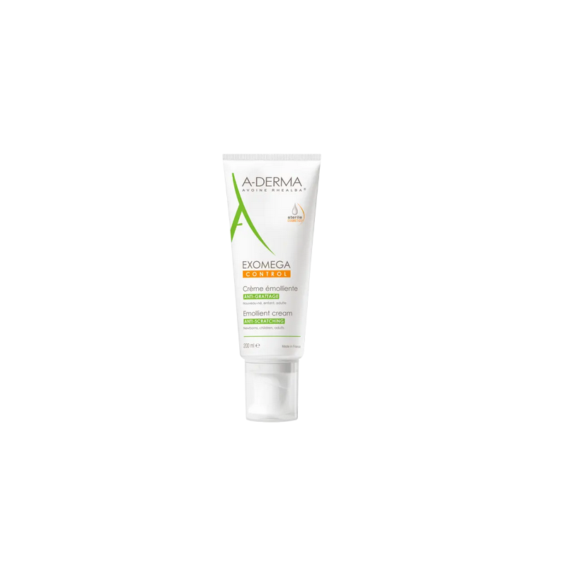 A-Derma Exomega Control Crème Émolliente Anti-grattage Cosmétique Stérile 200ml, tube en plastic blanc avec bouchon clips