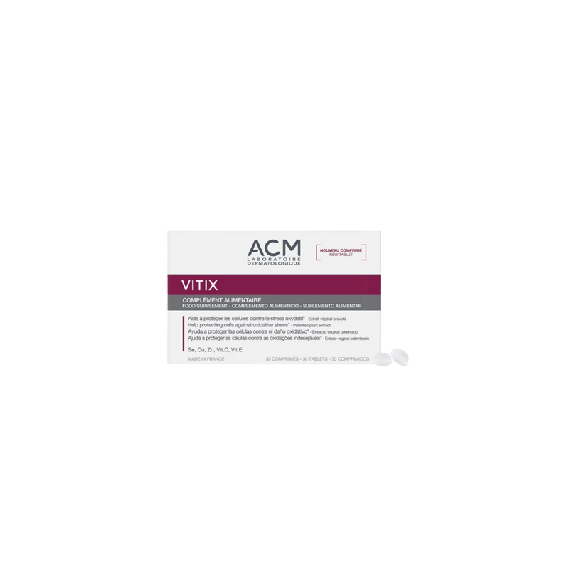 ACM Vitix Complément Alimentaire 30 Comprimés dans sa boite cartonnée blanc et violet