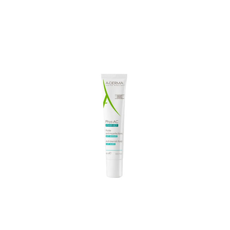 A-Derma Phys-AC Perfect Fluide Visage Anti-imperfections Anti-marques 40ml flacon blanc avec bouchon vis