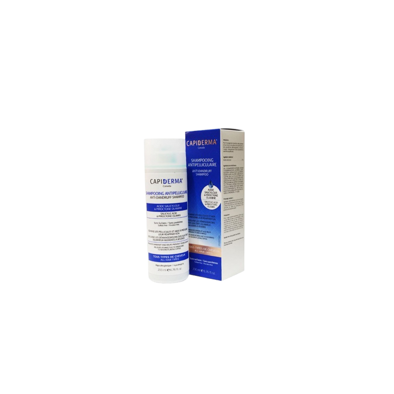Capiderma Shampooing Anti-pelliculaire 200 ml flacon blanc et bleu avec bouchon transparent