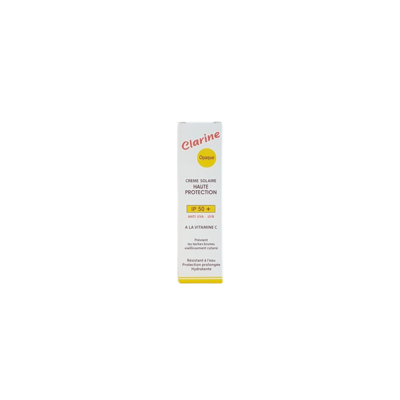 Clarine Crème Solaire SPF 50+ Opaque 25g dans sa boite blanche et jaune