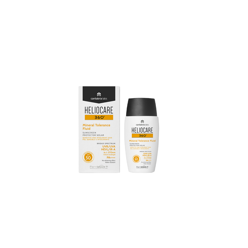 Heliocare Fluid 360º Mineral Tolerance SPF 50 50ml flacon blanc avec bouchon noir