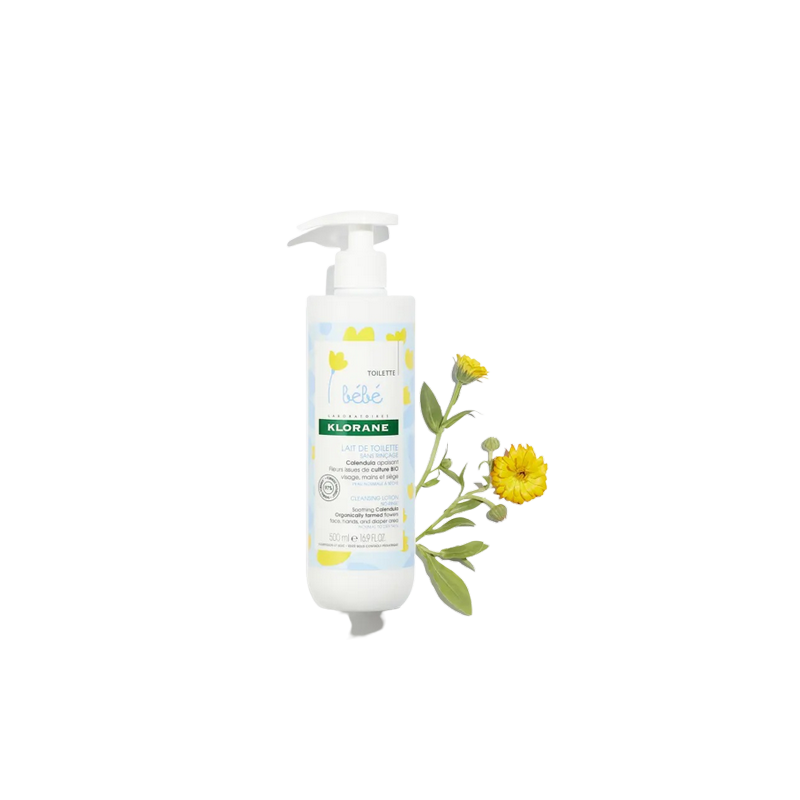 Klorane Bébé Lait de Toilette sans Rinçage au Calendula 500ml flacon souple avec système pompe