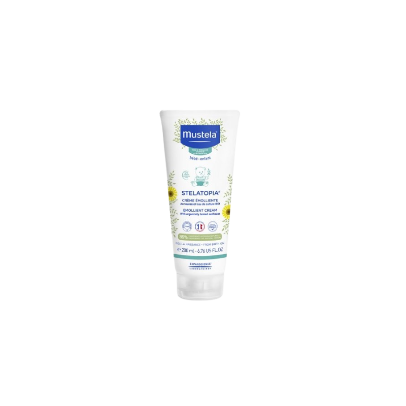 Mustela Crème Émolliente Stelatopia 200ml tube souple blanc avec bouchon clips