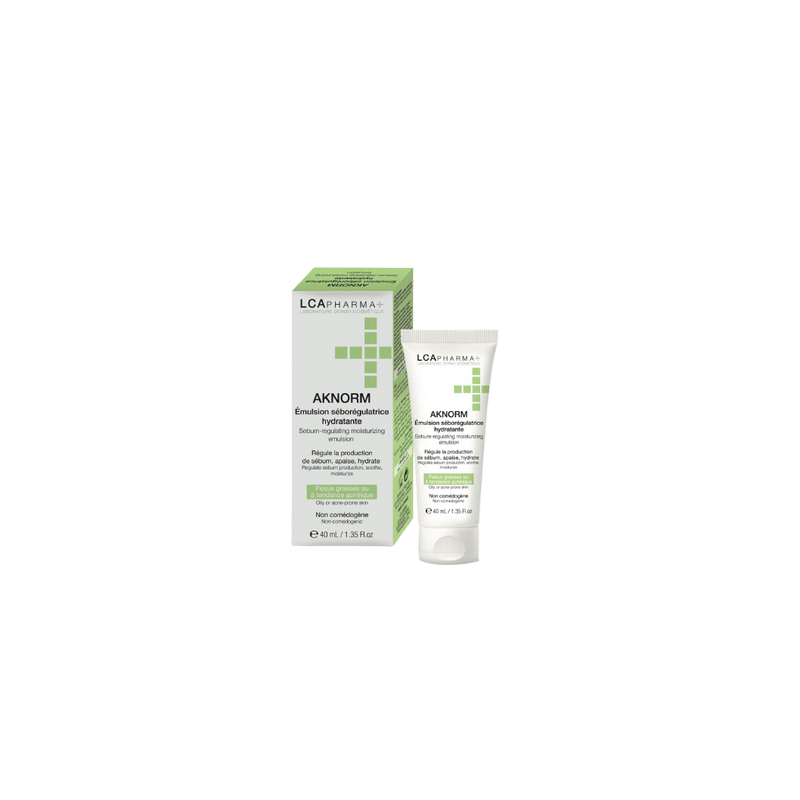 LCA Pharma Aknorm Émulsion Séborégulatrice Hydratante 40ml, tube souple de couleur blanc avec bouchon a vis