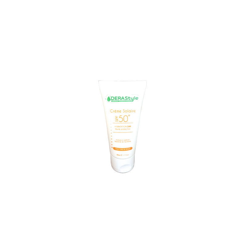 ecran solaire derastyle 50 spf, tube souple blanc avec capuchon clip